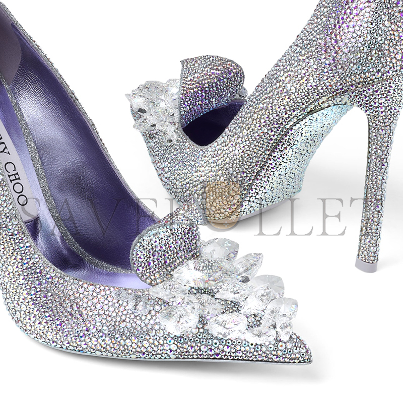 JIMMY CHOO CRYSTAL SLIPPER 110 IRIDESCENT CRYSTAL POINTED-TOE PUMPS WITH HEARTS CRYSTALSLIPPER110CQH